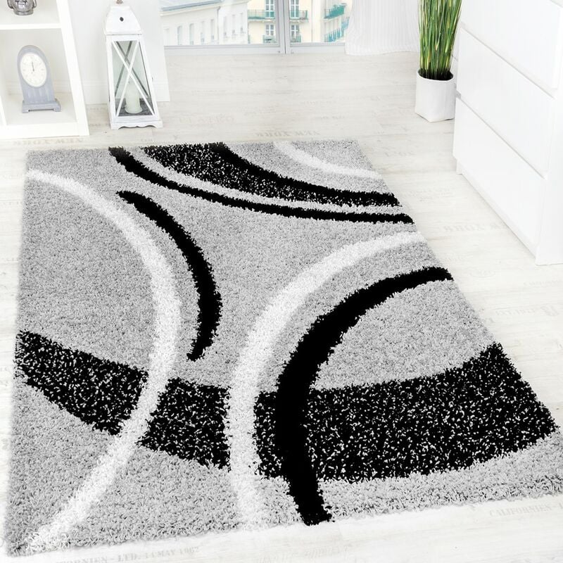 Paco Home - Tapis Shaggy Longues Mèches Hautes Motifs Gris Noir Blanc 70x140 cm