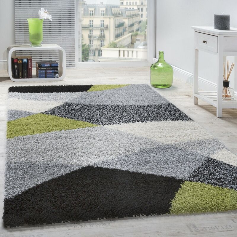 Paco Home - Tapis Shaggy Longues Mèches Hautes Motifs Gris Noir Blanc Vert 70x250 cm