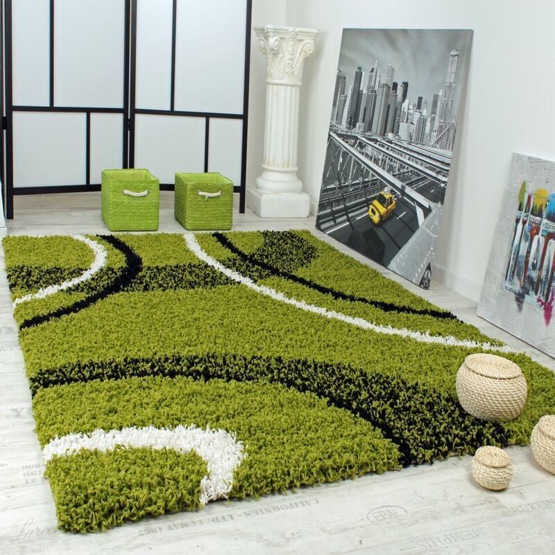 Paco Home - Tapis Shaggy Longues Mèches Hautes Motifs Vert Noir Blanc 70x250 cm