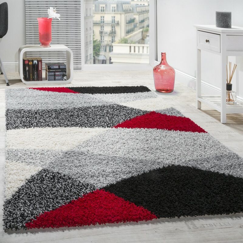 Tapis Shaggy Poils Hauts Longs Doux Motifs Géométriques Différents Coloris 160x220 cm, Rouge - Paco Home