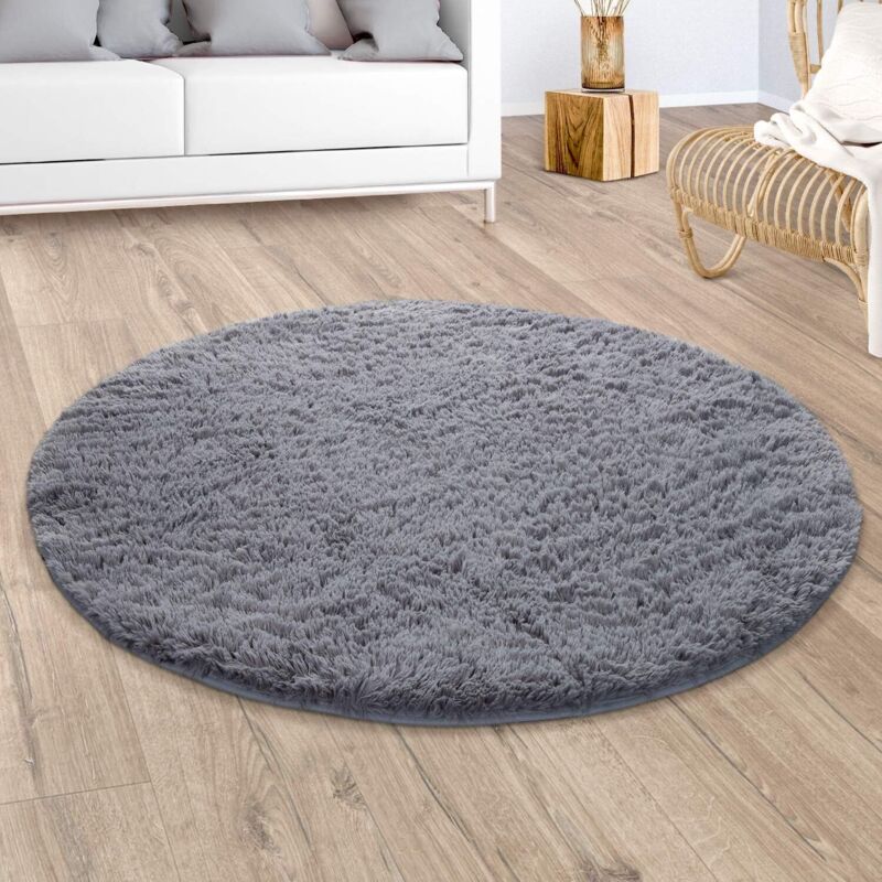 Tapis Shaggy Tapis De Salon Fausse Fourrure Poil Long Moelleux Monochrome Gris 120 cm rond - Paco Home