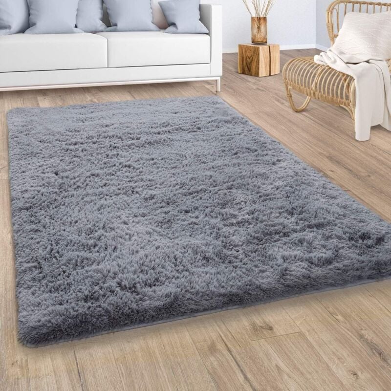 Paco Home Tapis Shaggy Tapis De Salon Fausse Fourrure Poil Long Moelleux Monochrome Gris 140x200 cm