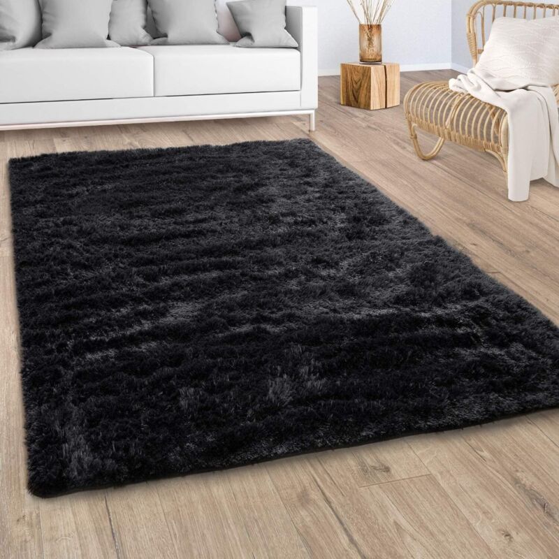 Tapis Shaggy Tapis De Salon Fausse Fourrure Poil Long Moelleux Monochrome Noir 140x200 cm - Paco Home