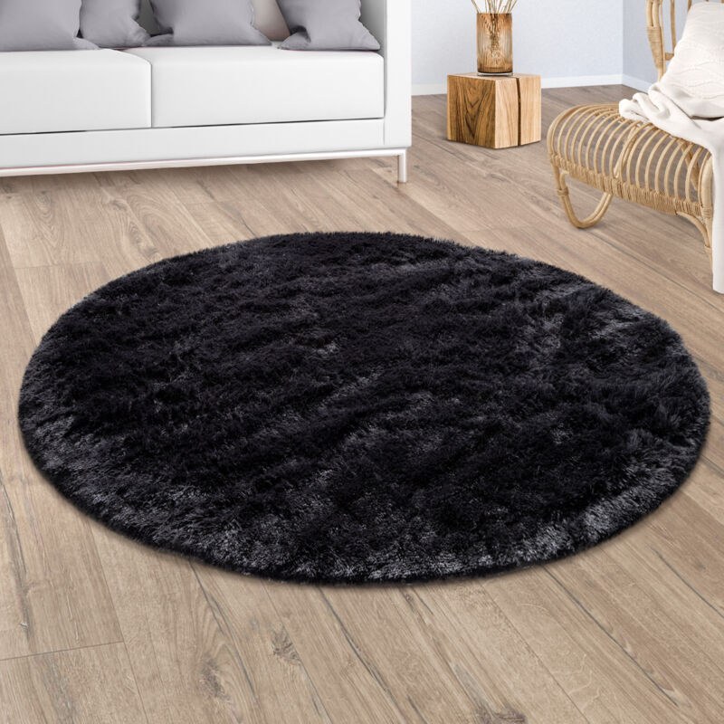 Paco Home – Tapis shaggy poils longs 80 cm rond – Fausse fourrure moelleuse noire – Hauteur de poils 33 mm – Anti-salissures – Adapté au chauffage