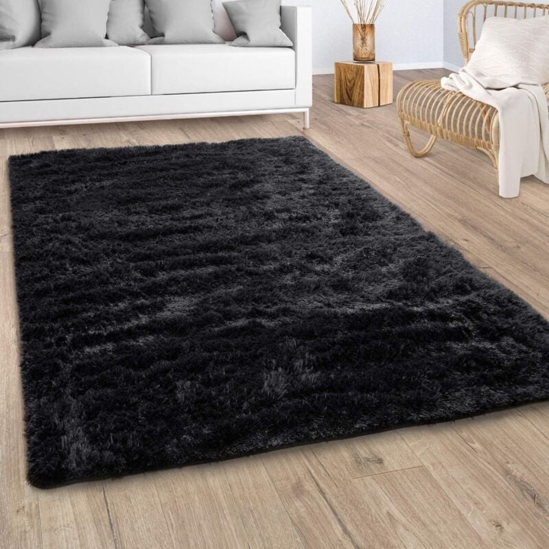 Tapis Shaggy Tapis De Salon Fausse Fourrure Poil Long Moelleux Monochrome Noir 80x150 cm - Paco Home