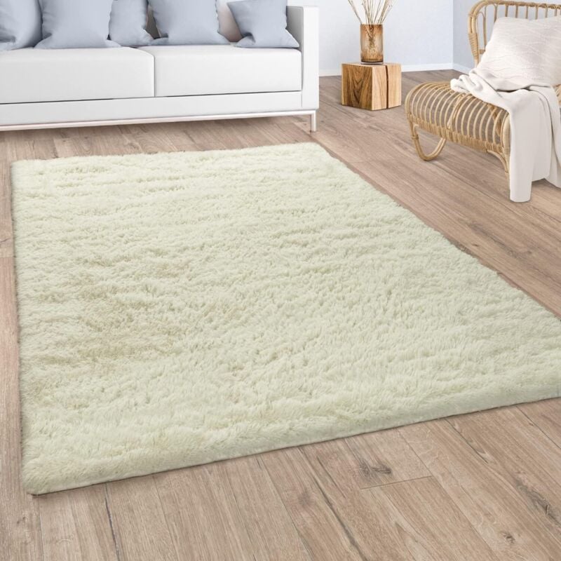 Tapis Shaggy Tapis De Salon Fausse Fourrure Poil Long Monochrome Jaunâtre-Blanc 140x200 cm - Paco Home