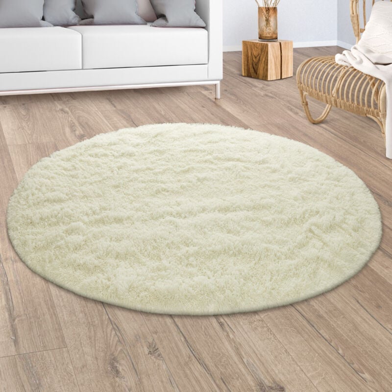 Tapis Shaggy Tapis De Salon Fausse Fourrure Poil Long Monochrome Jaunâtre-Blanc 160 cm rond - Paco Home