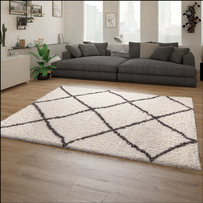 Tapis Shaggy Tapis De Salon Poil Long Motif Scandinave Blanc Cassé Gris 60x90 cm - Paco Home
