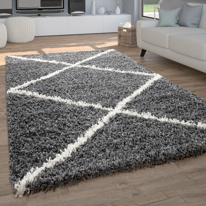 Paco Home - Tapis Shaggy Tapis De Salon Poil Long Poils Longs Motif Diamant Scandinave 160x220 cm, Anthracite