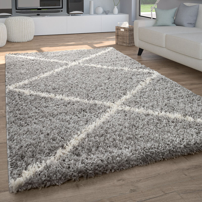 Paco Home Tapis Shaggy Tapis De Salon Poil Long Poils Longs Motif Diamant Scandinave 160x220 cm, Gris