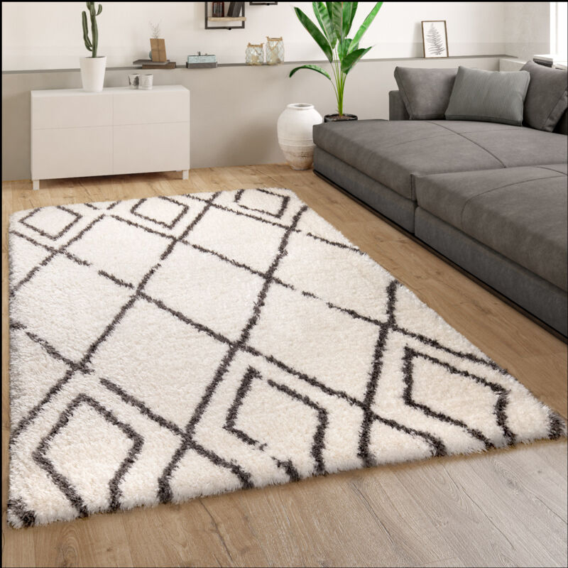 Tapis Shaggy Tapis De Salon Poils Longs Scandinave Motif Diamant Crème Gris 80x150 cm - Paco Home