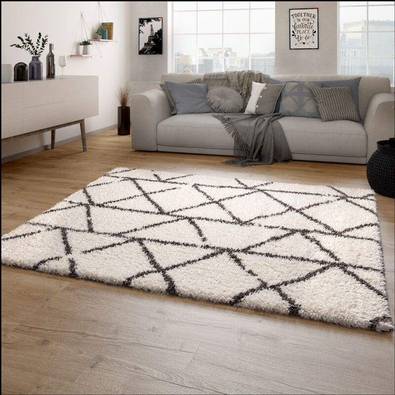 Tapis Shaggy Tapis De Salon Shaggy Poil Long Motif Diamant Scandinave Moderne 80x150 cm, Crème 5 - Paco Home