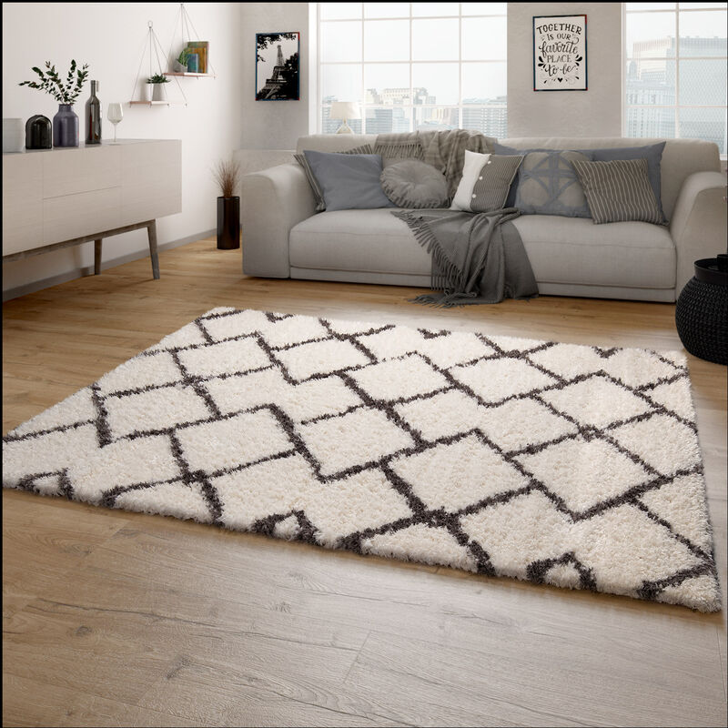 Tapis Shaggy Tapis De Salon Shaggy Poil Long Motif Diamant Scandinave Moderne 80x150 cm, Crème 3 - Paco Home