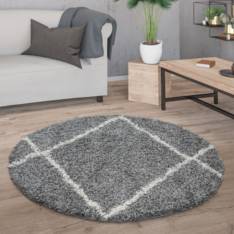 Tapis Shaggy Tapis Rond Salon Moderne Tapis Poils Longs Scandinave Motif Diamant Gris, 120 cm rond - Paco Home
