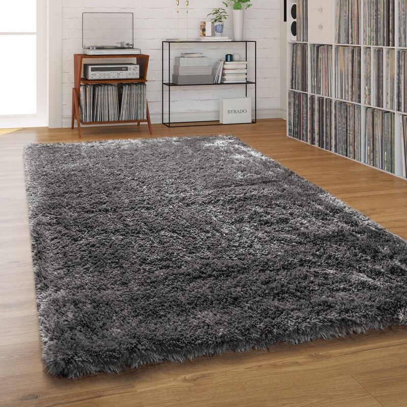 Paco Home - Tapis Shaggy Tapis Salon Poil Long Pastel Monochrome Doux Moelleux Poils Longs 80x150 cm, Anthracite