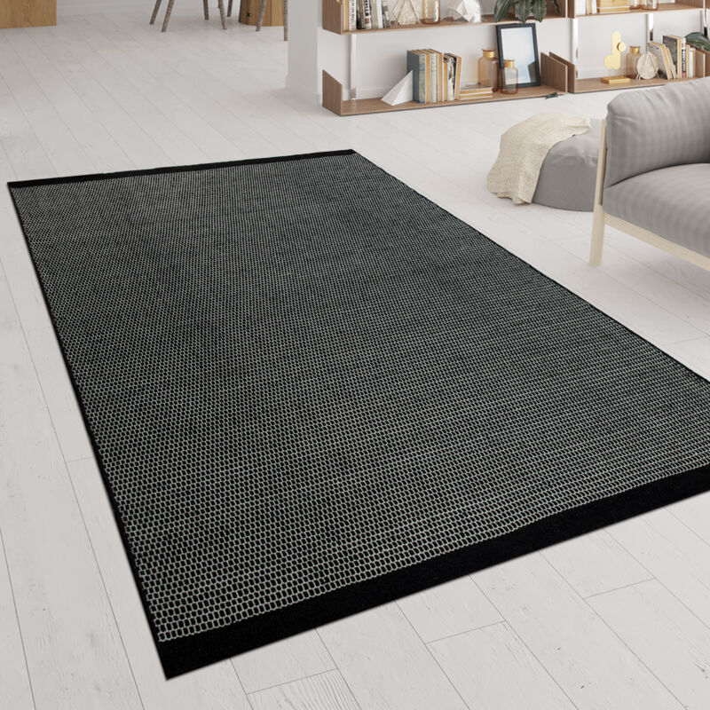 Tapis Tissé Main Tissage à Plat Style Scandinave Chiné Motif Tissé Noir 140x200 cm - Paco Home