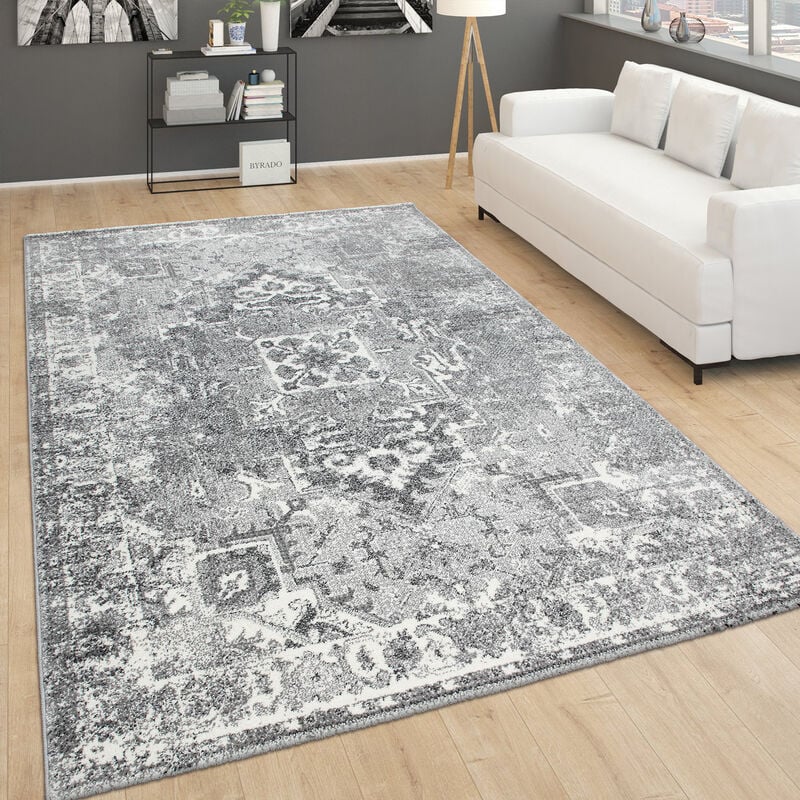 Paco Home - Tapis Vintage Pour Salon, Poils Ras Design Oriental, Chiné Gris 80x150 cm
