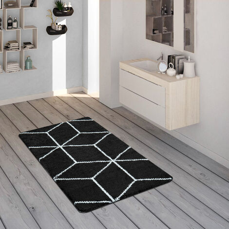 Paco Home Tappetino da bagno Motivo a rombi Tappeto da bagno Design Pelo  lungo Crema Nero 40x55 cm