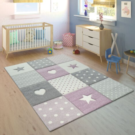 Paco Home Tappeto Bambini Cameretta Bambina Ragezzi Cuore Polkadot Stelle 3D Viola Grigio Ø 200 cm tondo
