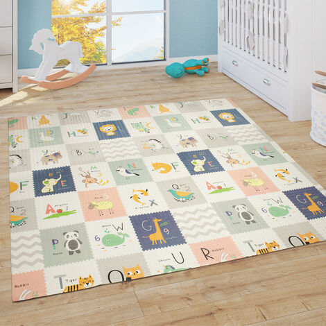 Paco Home Tappeto Bambini Gioco Gattonare Bebè Pieghevole Lavabile Reversibile Animale Crema Blu Grigio 150x200 cm