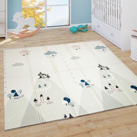 Paco Home Tappeto Bambini Gioco Gattonare Bebè Pieghevole Lavabile Reversibile Animali ABC Crema Blu Giallo Grigio 150x200 cm