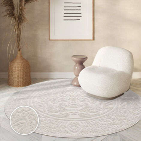 Paco Home Tappeto Cucina Da Esterno Salotto Moderno Balcone Scandinavo Boho Monocolore Ø 120 cm tondo, Crema 3