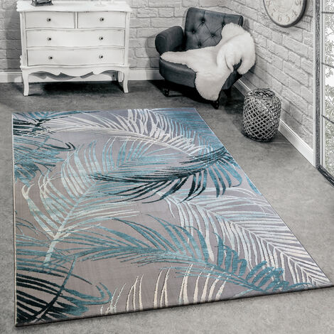 Paco Home Tappeto Di Design Moderno Soggiorno 3D Motivo Palme In Grigio Turchese Crema 60x110 cm