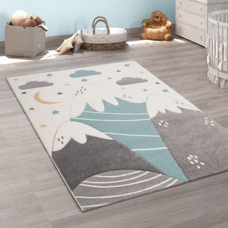 Paco Home Tappeto Bambini Cameretta Auto Bambini Strada Motivo Di Montagne  Nuvola Crema Blu 80 cm