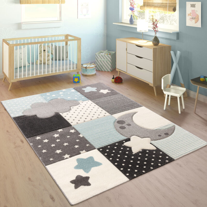 Tappeto per la cameretta dei bambini con quadri, punti, nuvole, stelle nei colori pastello blu-grigio 133 cm quadrato - Paco Home