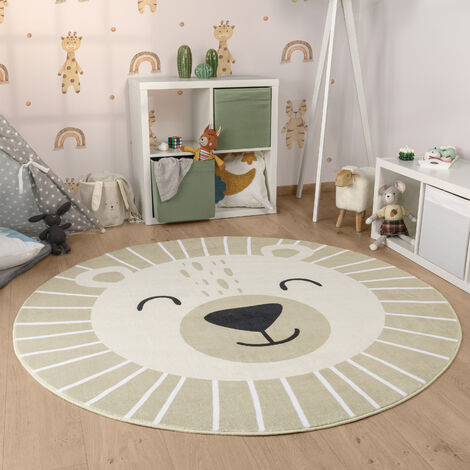 Paco Home Tappeto Rotondo Bambini Testa Di Leone Testa Di Orso Lavabile In Lavatrice Beige, Ø 100 cm tondo