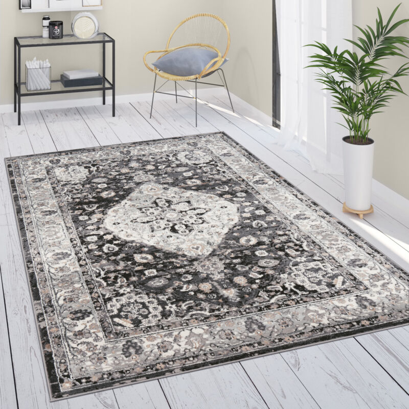 Tappeto Salotto Moderno Pelo Corto Persiano Mandala Floreale Bordura Nero Grigio 120x160 cm - Paco Home