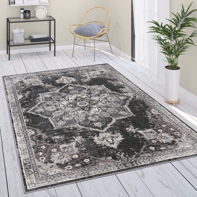 Tappeto Salotto Moderno Pelo Corto Persiano Marocco Mandala Bordura Nero Grigio 80x300 cm - Paco Home