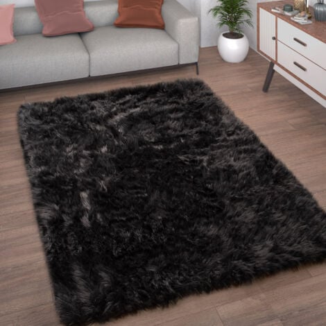 Paco Home Tappeto Salotto Pelliccia Finta Imitazione Pelo Lungo Cuscino Cuore Rotondo Nero, 45 cm tondo