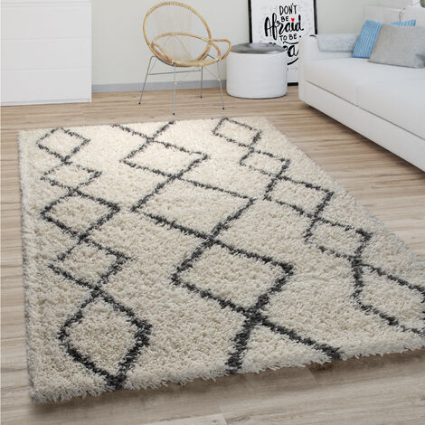 Paco Home Tappeto Salotto Pelo Lungo Shaggy Moderno Boho Scandinavo Motivo Diamante 140x200 cm, Crema
