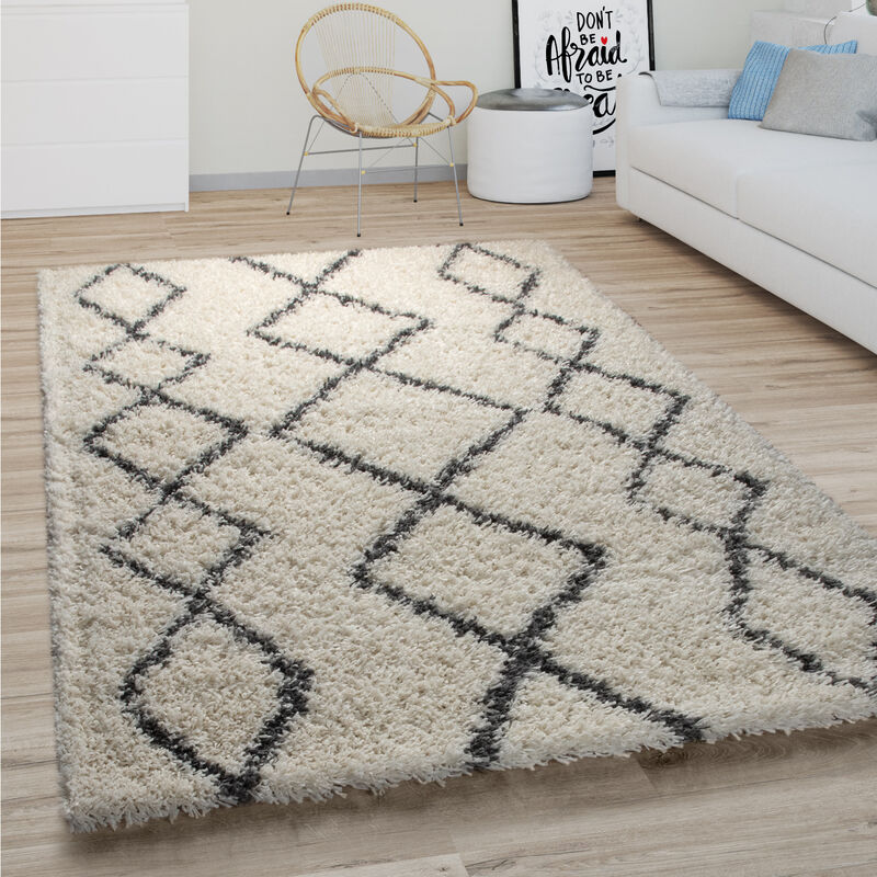 Paco Home - Tappeto Salotto Pelo Lungo Shaggy Moderno Boho Scandinavo Motivo Diamante 60x100 cm, Crema