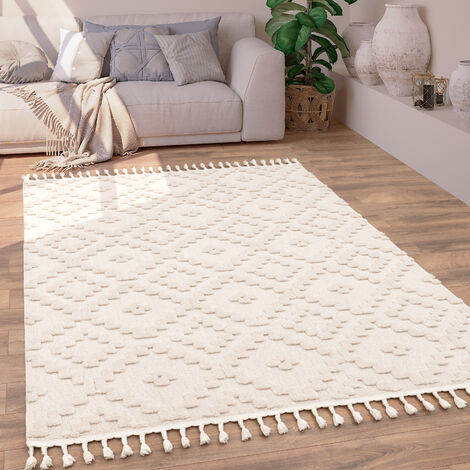 Paco Home Tappeto Salotto Soggiorno Pelo Corto Boho Etnico Rombi Design 3D Frange