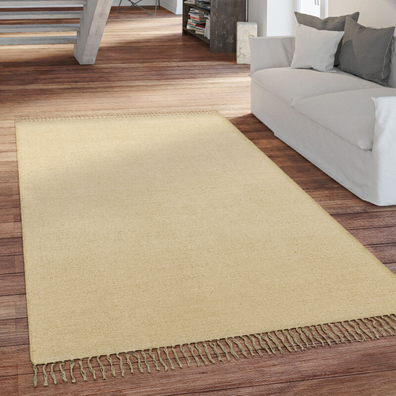 Paco Home - Tappeto Salotto Trama Piatta Con Frange Tessuto a Mano Monocolore 120x160 cm, Crema