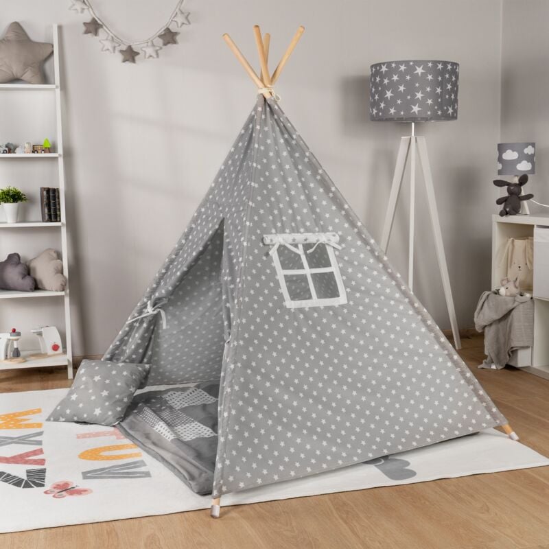 Tente Enfants Tipi Chambre D'enfant De Jeu Intérieur Robuste Gris, Avec accessoires - Paco Home