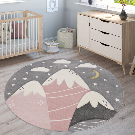 Paco Home Kinderteppich Teppich Rund Kinderzimmer Spielmatte Babymatte Mond Motiv Creme Weiß Grösse:80 cm Rund 