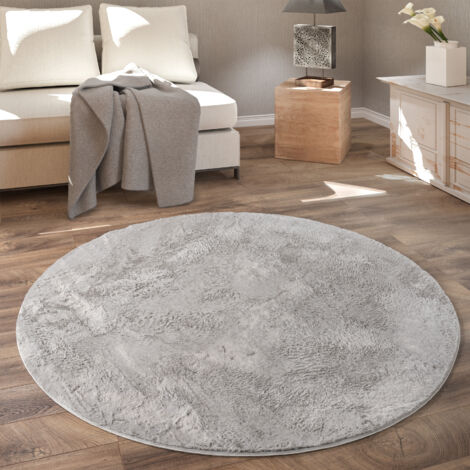 Paco Home Teppich Rund Fellteppich Kunstfell Plüsch Bettvorleger Shaggy Wohnzimmer Kinderzimmer Ø 120 cm Rund, Grau