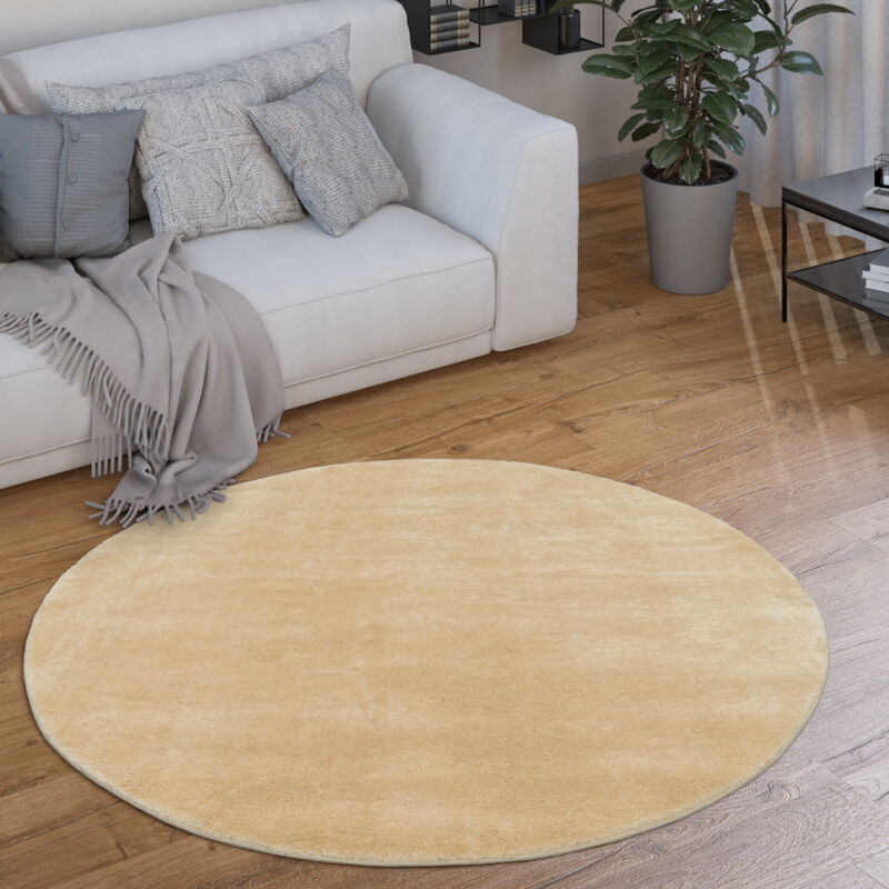 Paco Home Teppich Rund Wohnzimmer Kurzflor Modern Flauschig Waschbar Einfarbig Rutschfest Beige, 80 Cm Rund