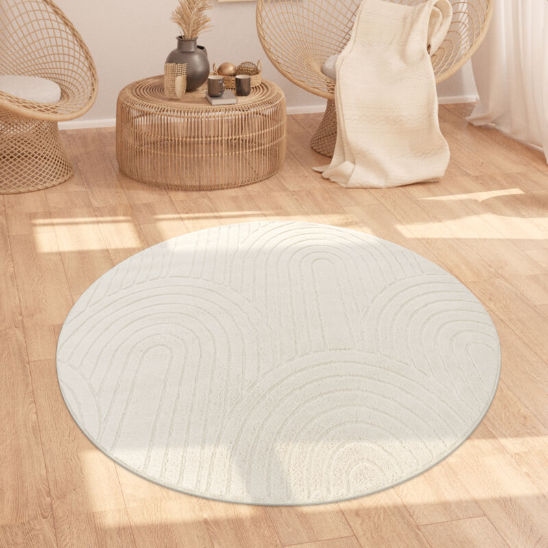Paco Home Teppich Wohnzimmer Hochflor Weich Uni Skandinavisch Boho Motiv Regenbogen Creme 120 Cm Rund