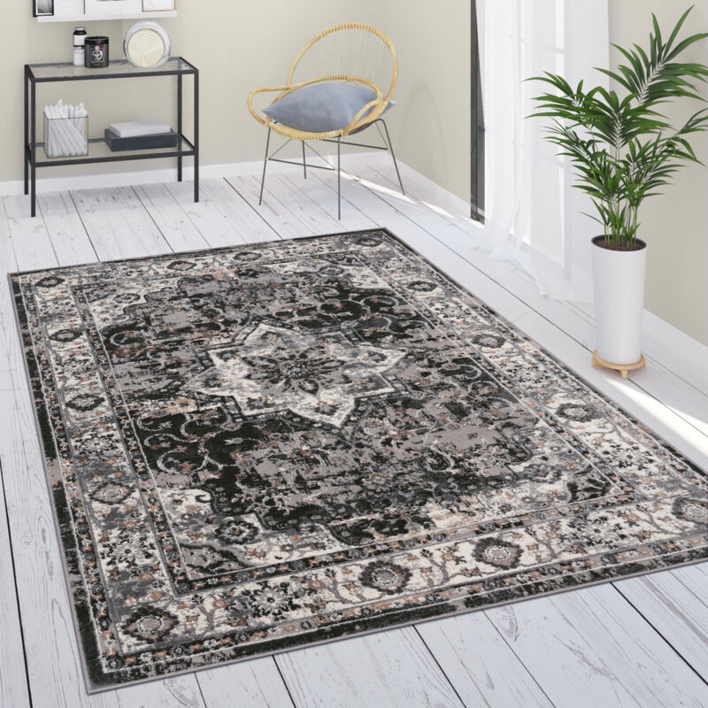 Teppich Wohnzimmer Kurzflor Ornamente Orient Muster Vintage Bordüre Schwarz Grau 80x300 cm - Paco Home