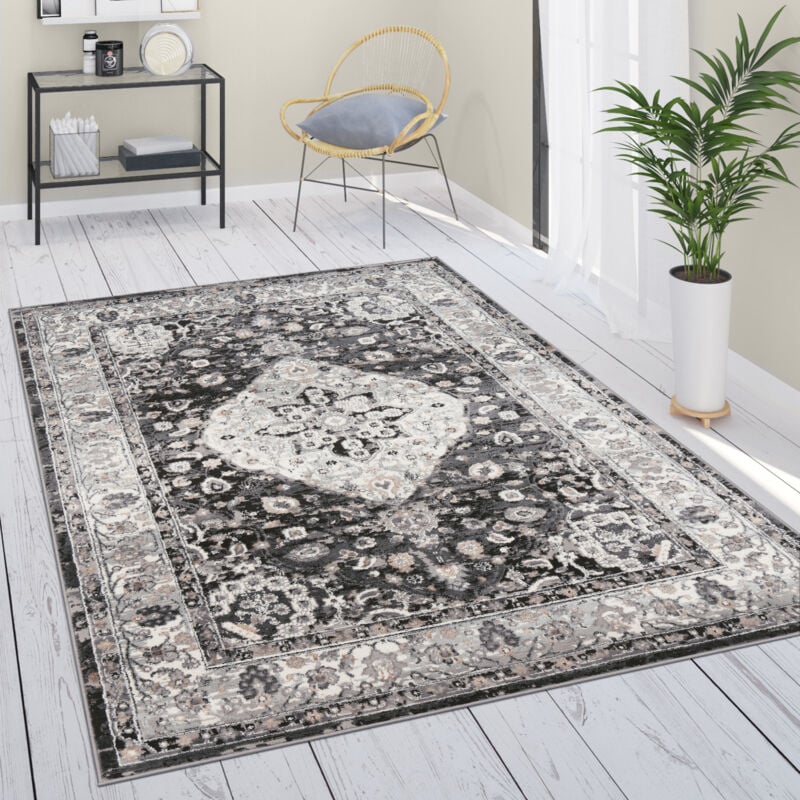 Teppich Wohnzimmer Kurzflor Vintage Orient Mandala Ornamente Bordüre Schwarz Grau 80x300 cm - Paco Home