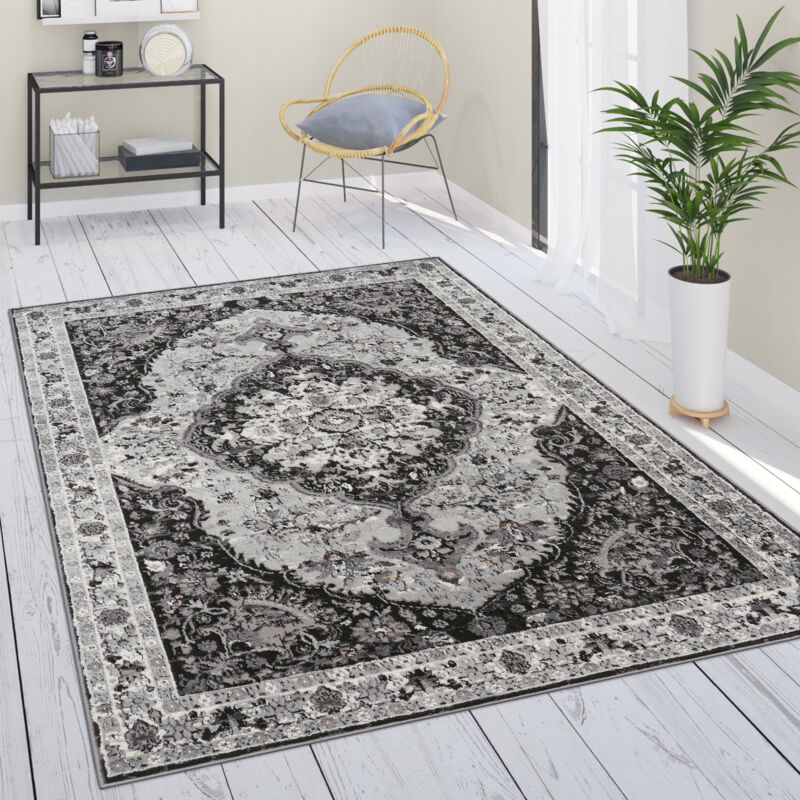 Teppich Wohnzimmer Kurzflor Vintage Orient Muster Ornamente Bordüre Schwarz Grau 80x150 cm - Paco Home