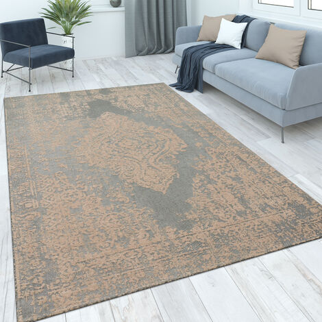Paco Home Teppich Wohnzimmer Kurzflor Vintage Orientalisches Muster Ornamente Moderne Deko 80x150 cm, Beige