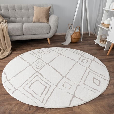 Paco Home Teppich Wohnzimmer Rund Kurzflor Boho Skandinavisches Rauten Muster Geometrisch 120 cm Rund, Creme