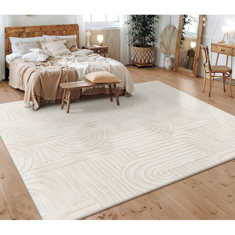 Paco Home - Teppich Wohnzimmer Schlafzimmer Kurzflor Skandinavisches Boho Muster Geometrisch 80x150 Cm, Creme 7