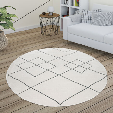 Paco Home Teppich Wohnzimmer Skandi Rauten Muster Modern Weiß Verschiedene Designs Größen Weiß, 160 cm Rund