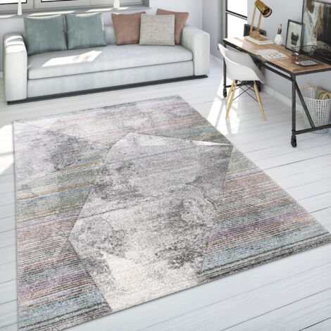 Paco Home Teppich Wohnzimmer Vintage Kurzflor Geometrisches Muster Streifen Optik Grau Beige 60x110 cm